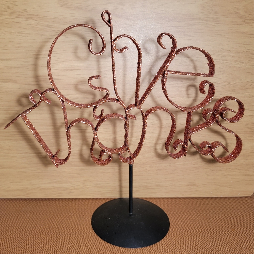 Give Thanks Orange Metal and Glitter Table Sign